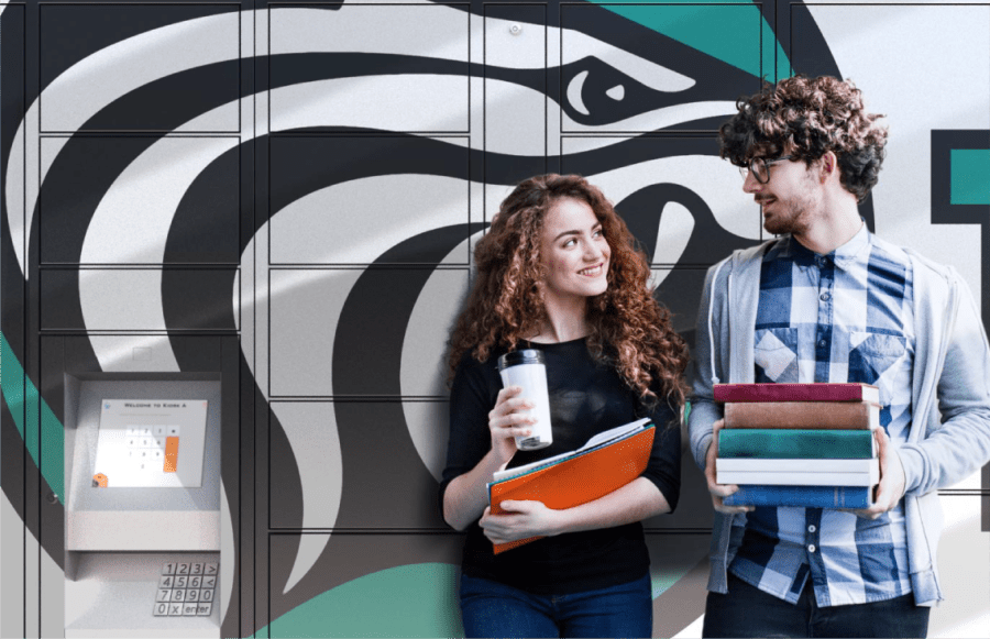students standing next to university lockers