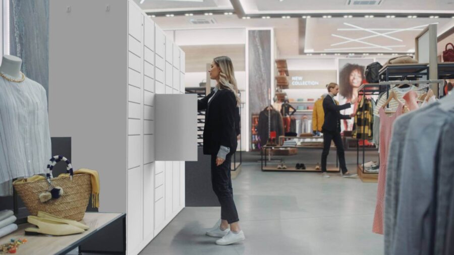 woman placing a package in drop off lockers