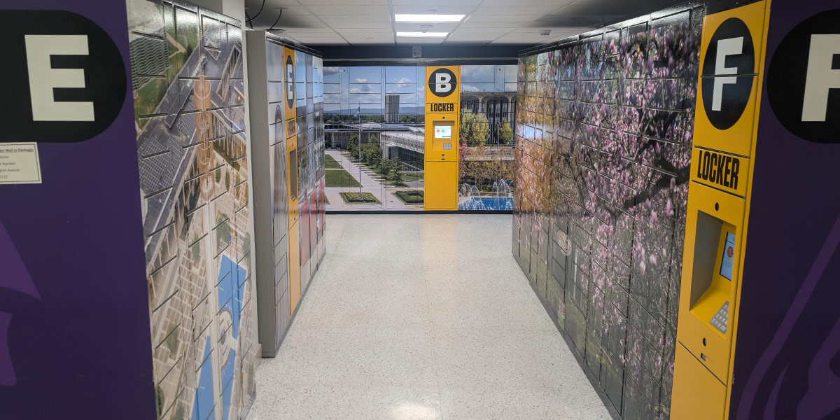 Part of the smart locker pickup hallway at SUNY University at Albany