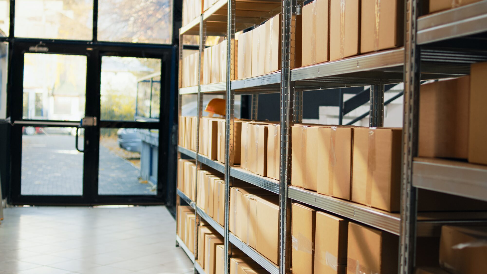 Storage room with packages on depot racks