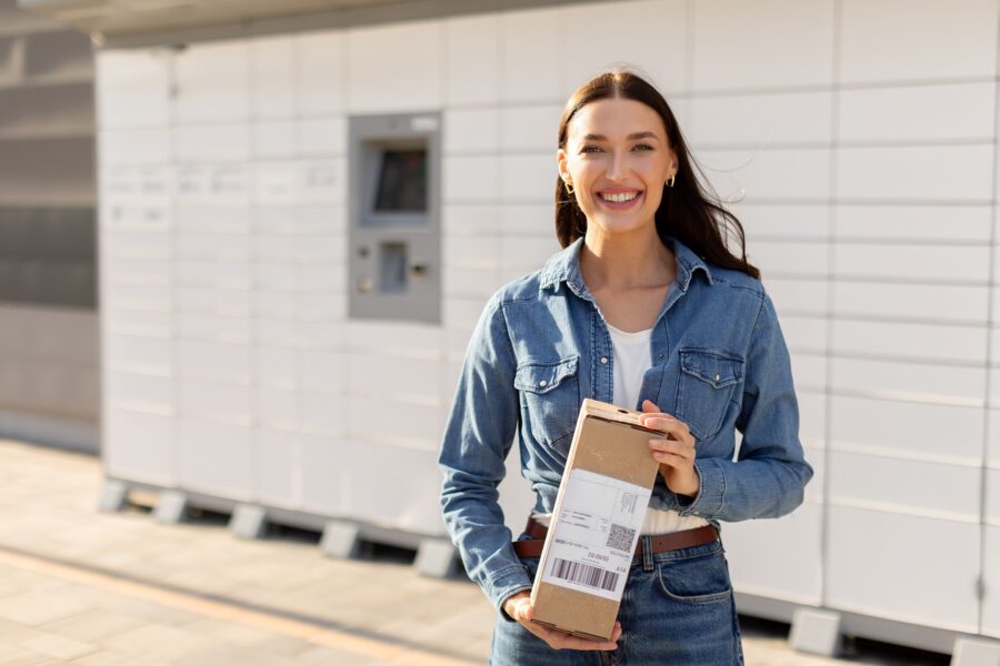 Happy woman holding a parcel, standing in front of an electronic locker