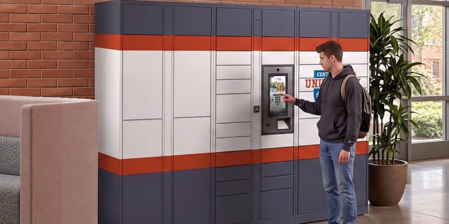 University student using the touchscreen kiosk on a PREMIER smart locker system wrapped in campus branding